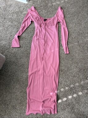 Fiesta Pink Ribbed Long Sleeve Maxi Dress